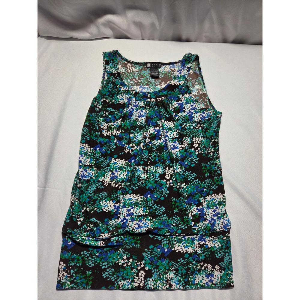 Carole Little Womens Floral Sleeveless Knit Top Blue Green Tiered Hem Size M